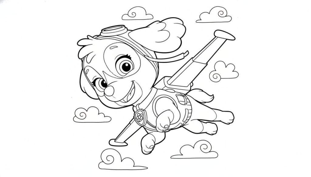 Zwart-wit kleurplaat van Skye van Paw Patrol die lachend vliegt met vlieghelm, pilotenbril en jetpack, omringd door wolken.