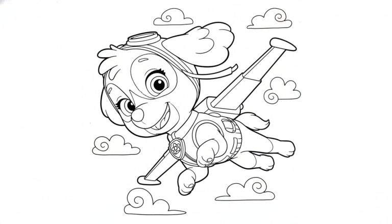 Zwart-wit kleurplaat van Skye van Paw Patrol die lachend vliegt met vlieghelm, pilotenbril en jetpack, omringd door wolken.
