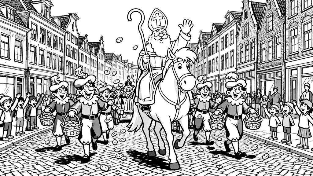 Kleurplaat van een feestelijke Sinterklaasoptocht: Sinterklaas op wit paard, zwaaiend, met vrolijke Pieten die pepernoten strooien aan enthousiaste toeschouwers voor typisch Nederlandse gebouwen met trapgevels.