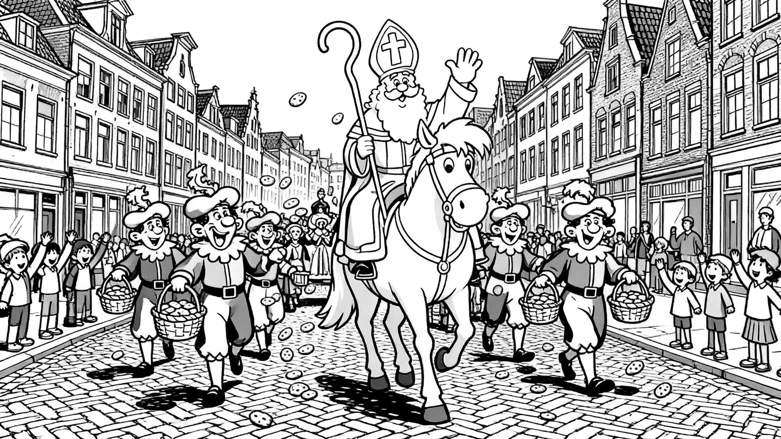 Kleurplaat van een feestelijke Sinterklaasoptocht: Sinterklaas op wit paard, zwaaiend, met vrolijke Pieten die pepernoten strooien aan enthousiaste toeschouwers voor typisch Nederlandse gebouwen met trapgevels.