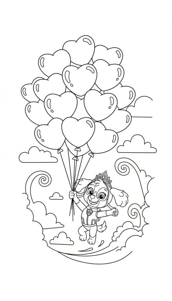 Zwart-wit kleurplaat van Skye van Paw Patrol met uniform en prinsessenkroon, zwevend met hartballonnen tussen krullende wolken.