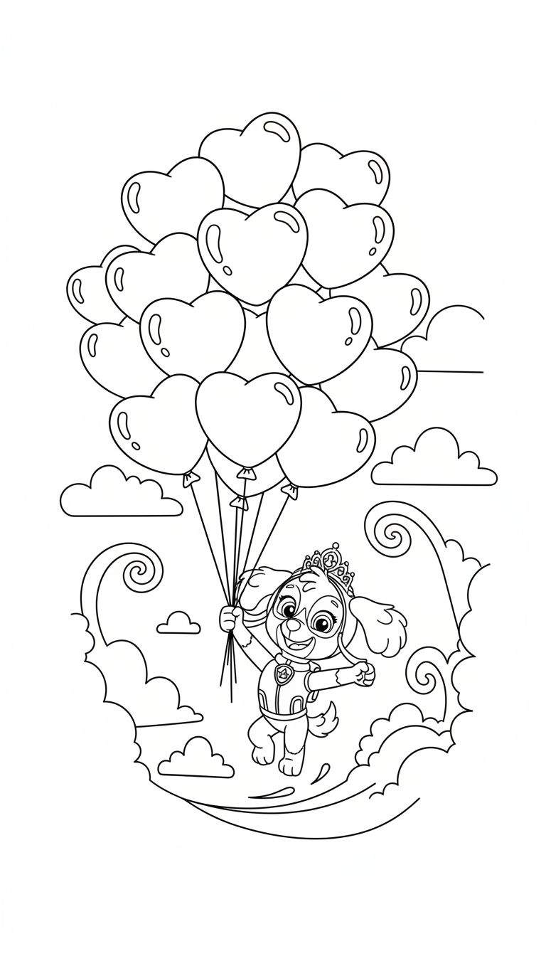 Zwart-wit kleurplaat van Skye van Paw Patrol met uniform en prinsessenkroon, zwevend met hartballonnen tussen krullende wolken.