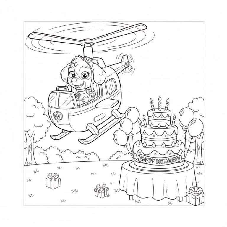 Kleurplaat van Skye (Paw Patrol) in helikopter op verjaardagsfeestje met taart, kaarsjes, ballonnen en cadeautjes.