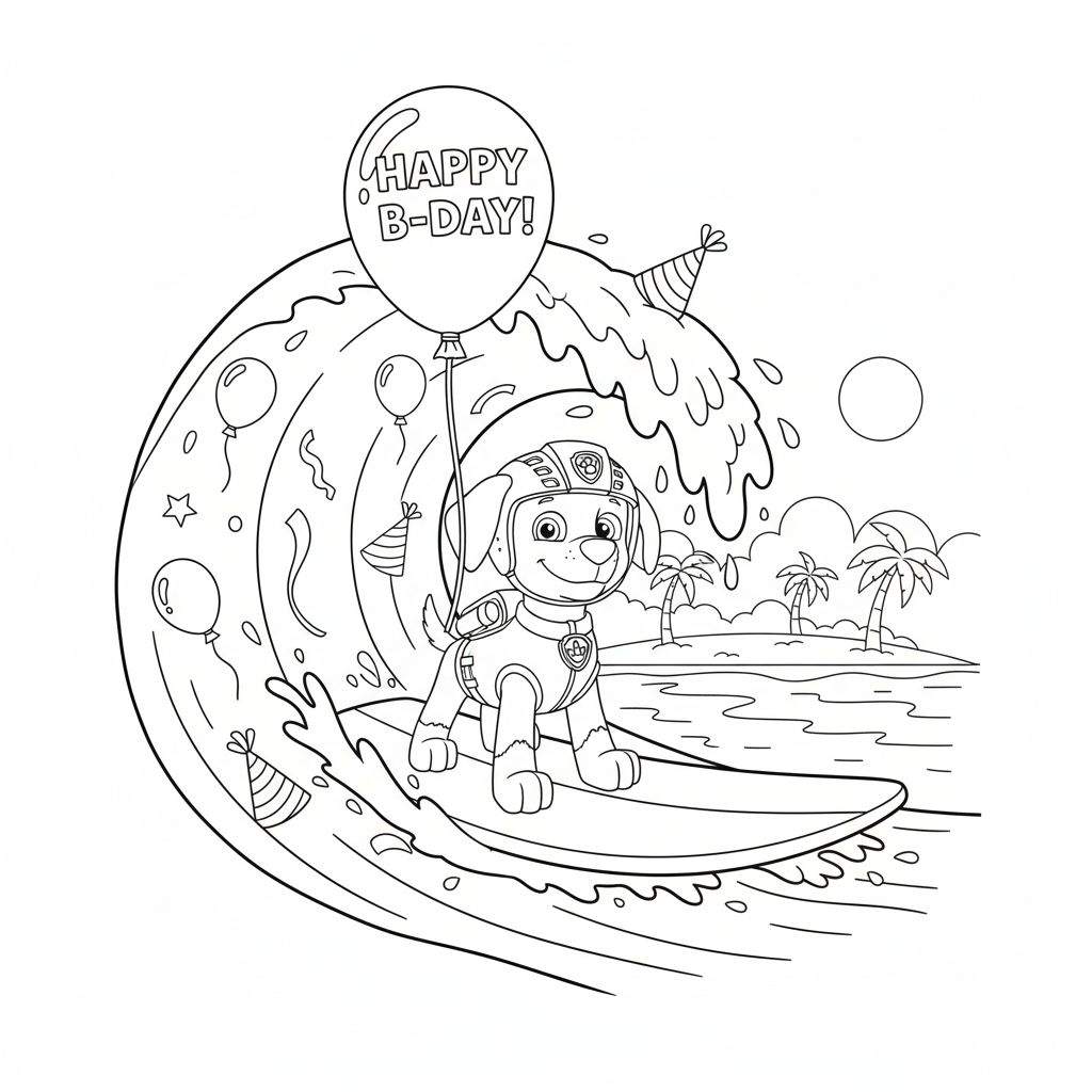 Zwart-wit kleurplaat van Paw Patrol's Zuma op een surfplank, rijdend op een grote golf versierd met feestmutsjes en slingers. Boven hem een 'HAPPY B-DAY!' ballon. Op de achtergrond een tropisch eiland met palmbomen en de zon.