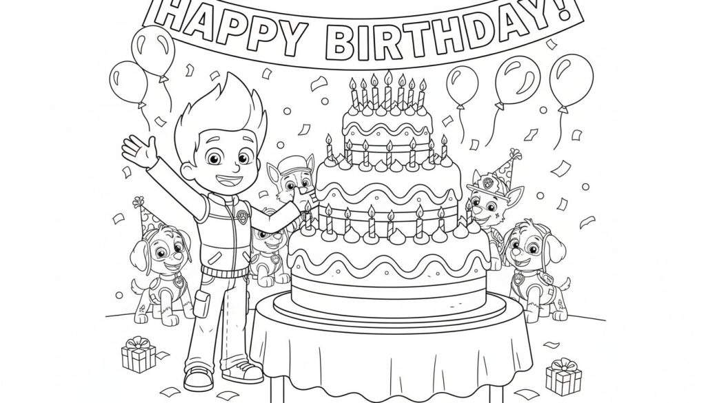 Paw Patrol kleurplaat: Ryder viert zijn verjaardag met Chase, Marshall, Skye en de andere pups rond een drielaagse taart, ballonnen en cadeautjes.