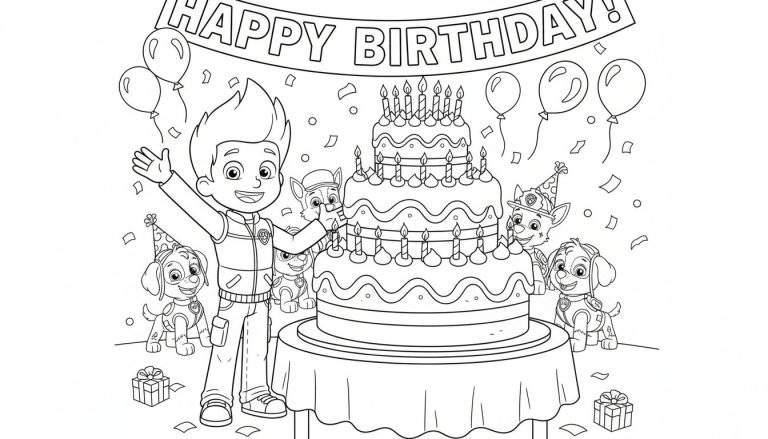 Paw Patrol kleurplaat: Ryder viert zijn verjaardag met Chase, Marshall, Skye en de andere pups rond een drielaagse taart, ballonnen en cadeautjes.
