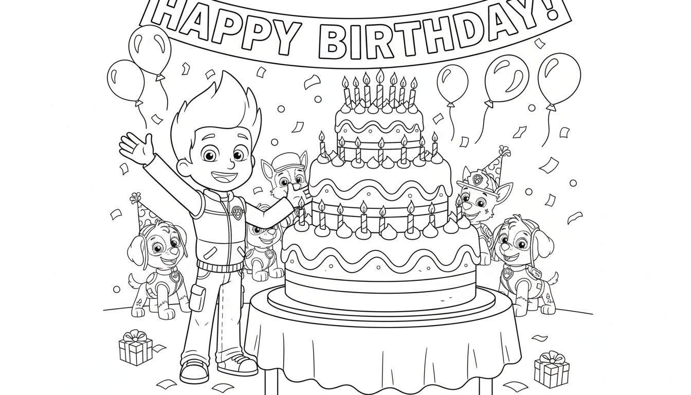 Paw Patrol kleurplaat: Ryder viert zijn verjaardag met Chase, Marshall, Skye en de andere pups rond een drielaagse taart, ballonnen en cadeautjes.