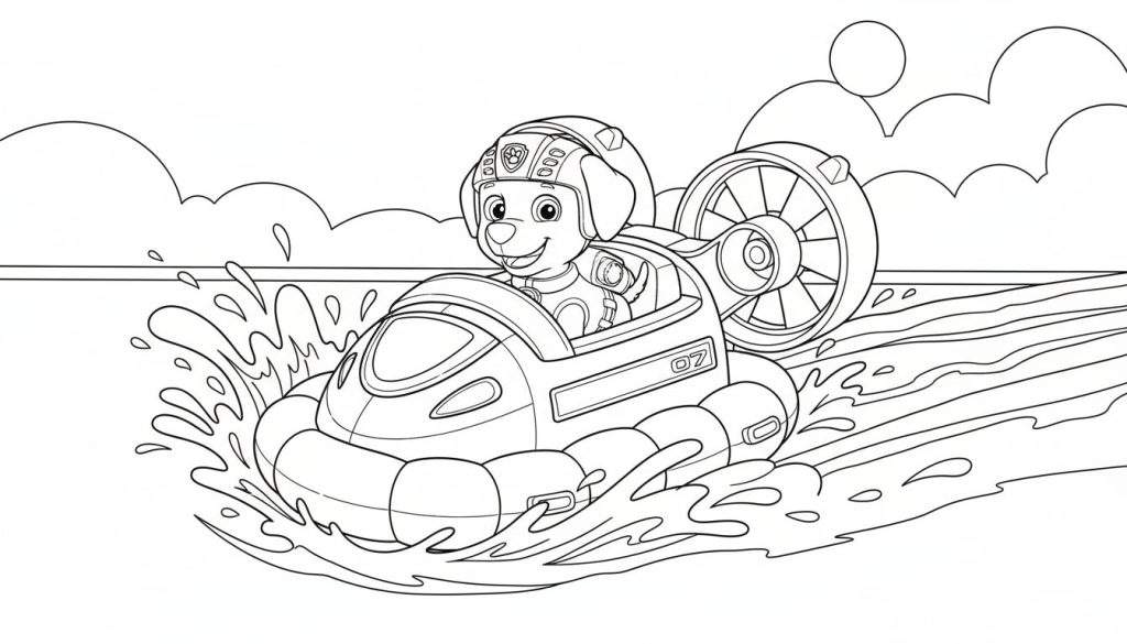 Zwart-wit kleurplaat van lachende Paw Patrol pup Zuma in zijn hovercraft met duikhelm, nummer '07', opspattend water, wolken en zon.