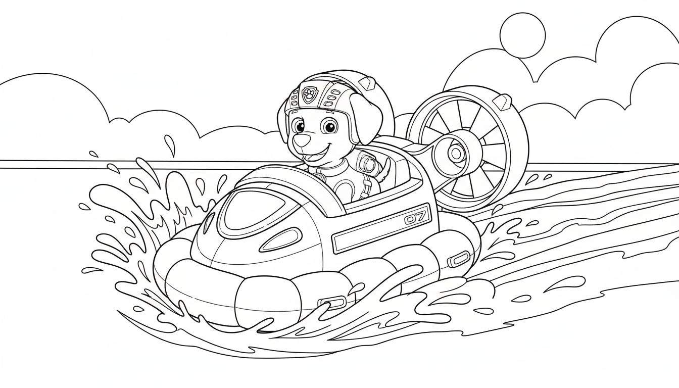 Zwart-wit kleurplaat van lachende Paw Patrol pup Zuma in zijn hovercraft met duikhelm, nummer '07', opspattend water, wolken en zon.
