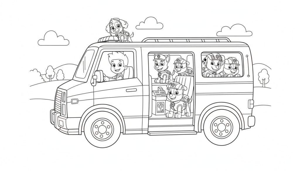 Zwart-wit kleurplaat van Ryder die een busje bestuurt, met pups Chase, Marshall, Rubble en Zuma binnenin, en Skye op het dak, rijdend door een landschap met bomen en wolken.