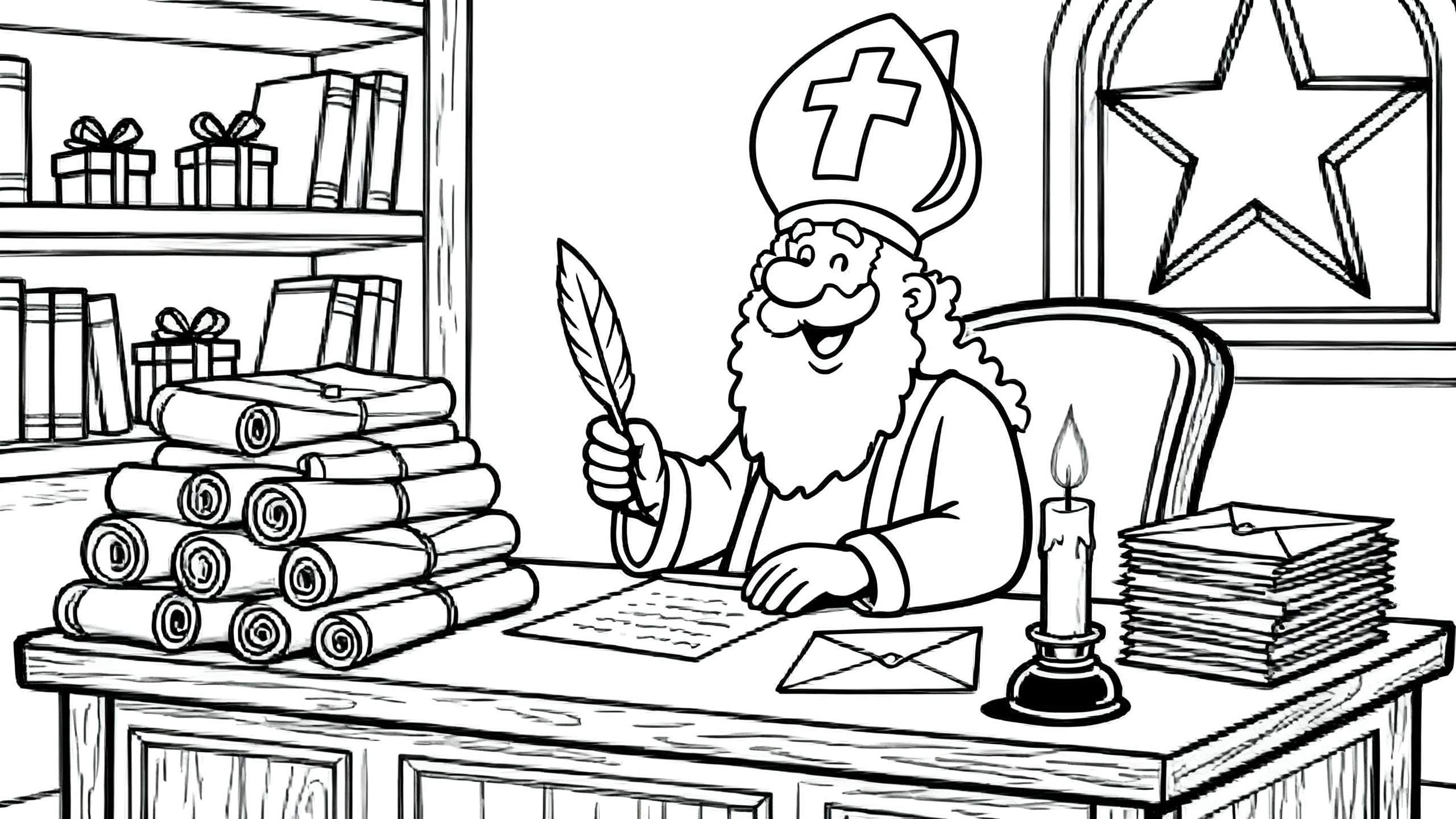 Zwart-wit kleurplaat van Sinterklaas in zijn studeerkamer, zittend aan een houten bureau. Hij schrijft met een veer, omringd door brieven, een brandende kaars en een boekenkast met cadeautjes. Hij draagt zijn mijter en lacht.