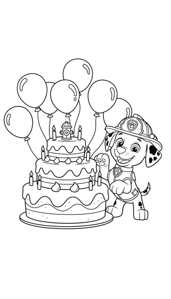 Zwart-wit kleurplaat van Marshall van Paw Patrol in brandweeruniform, lachend naast een drielaagse verjaardagstaart met kaarsjes, een brandkraan en ballonnen.