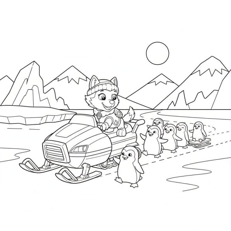 Zwart-wit kleurplaat van een vrolijke husky op een sneeuwscooter, gevolgd door pinguïns op een slee en te voet, in een besneeuwd berglandschap met ijsschotsen en een zon.