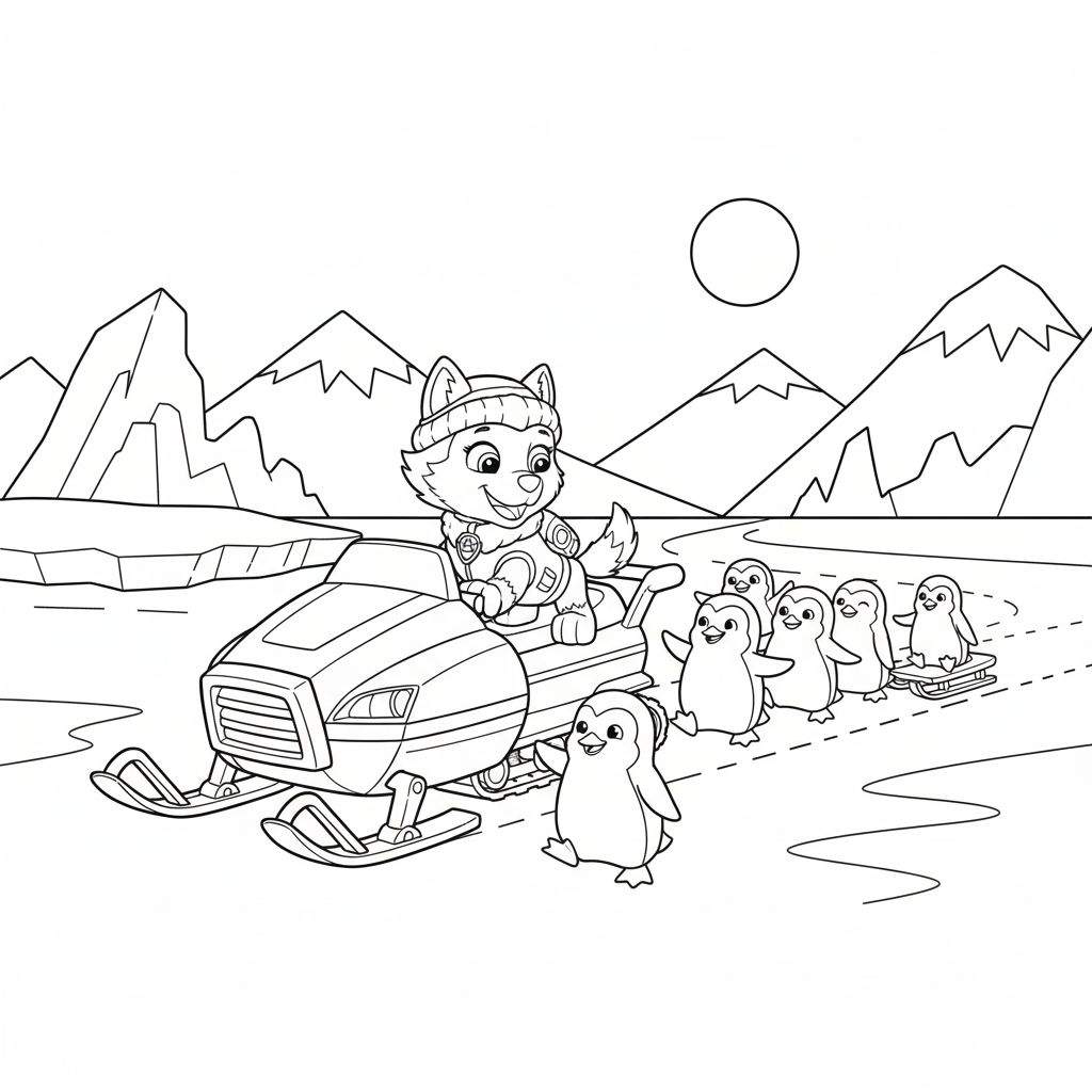 Zwart-wit kleurplaat van een vrolijke husky op een sneeuwscooter, gevolgd door pinguïns op een slee en te voet, in een besneeuwd berglandschap met ijsschotsen en een zon.