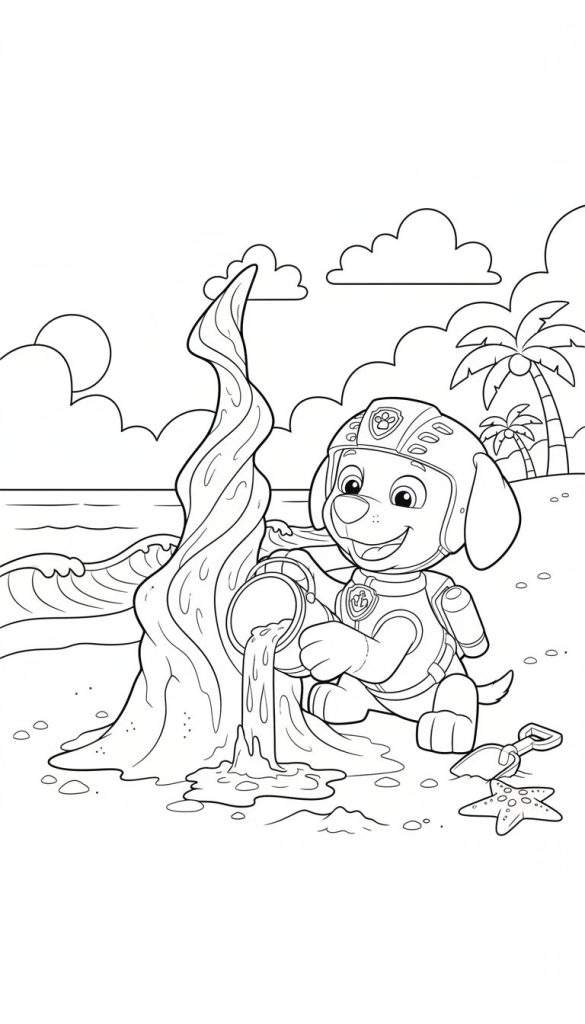 Zwart-witte kleurplaat van Rubble van Paw Patrol. Rubble zit lachend op een strand en bouwt een zandkasteel of zandsculptuur, waarbij hij nat zand uit een emmer giet. Hij draagt zijn helm en uniform. Op de achtergrond is de zee met golven, wolken, een gedeeltelijke zon en palmbomen te zien. Naast Rubble liggen een schepje en een zeester.