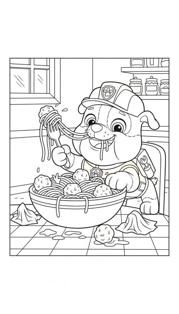 Zwart-wit kleurplaat van Rubble van Paw Patrol die spaghetti met gehaktballen eet en kwijlt, met rommel op de keuken vloer.