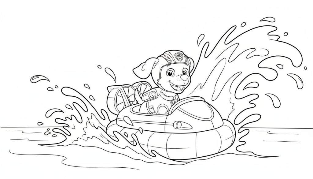 Zwart-wit kleurplaat van Zuma, de Paw Patrol hond, in een waterscooter met helm, lachend, omringd door watergolven en opspattend water.