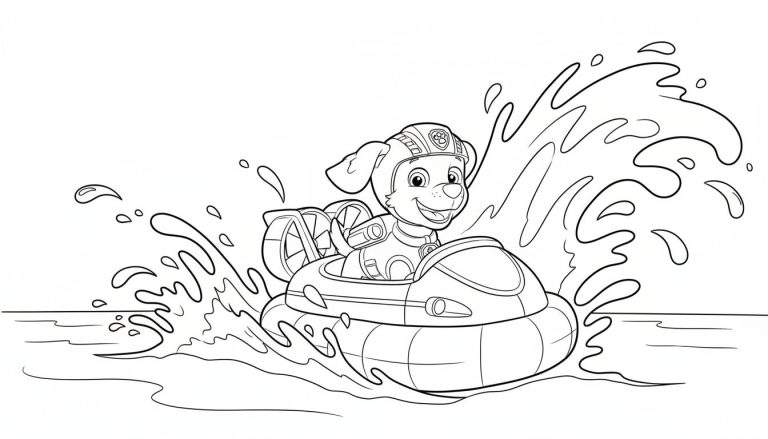 Zwart-wit kleurplaat van Zuma, de Paw Patrol hond, in een waterscooter met helm, lachend, omringd door watergolven en opspattend water.