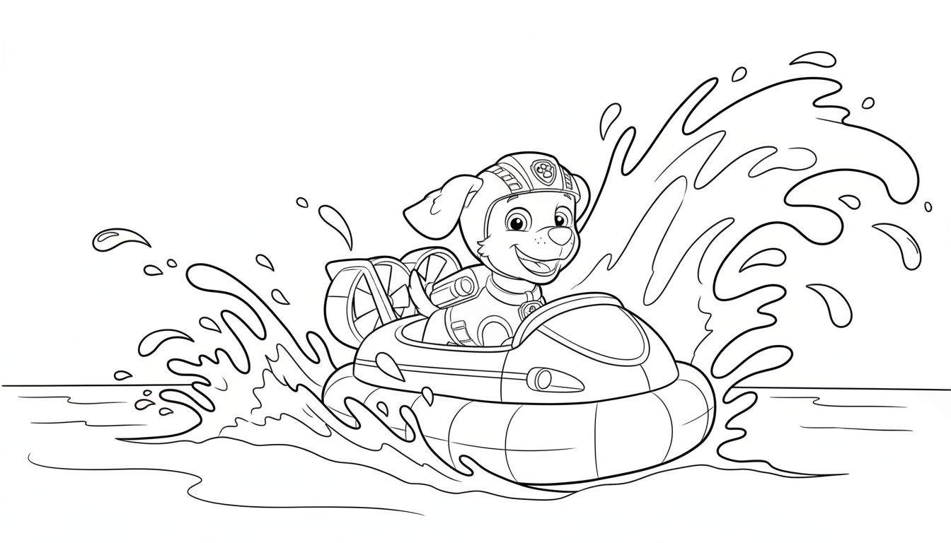 Zwart-wit kleurplaat van Zuma, de Paw Patrol hond, in een waterscooter met helm, lachend, omringd door watergolven en opspattend water.