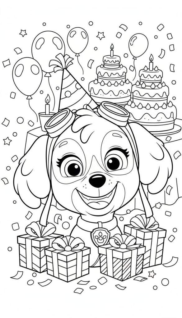 Zwart-wit kleurplaat van Skye van Paw Patrol, breed lachend met vliegbril op haar hoofd, die haar verjaardag viert. Achter haar staan twee stapeltaarten met kaarsjes en er zweven ballonnen. Op de voorgrond liggen cadeautjes en confetti, wat zorgt voor een vrolijke en feestelijke sfeer.