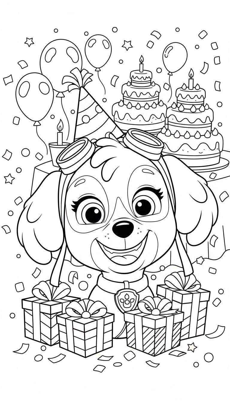 Zwart-wit kleurplaat van Skye van Paw Patrol, breed lachend met vliegbril op haar hoofd, die haar verjaardag viert. Achter haar staan twee stapeltaarten met kaarsjes en er zweven ballonnen. Op de voorgrond liggen cadeautjes en confetti, wat zorgt voor een vrolijke en feestelijke sfeer.