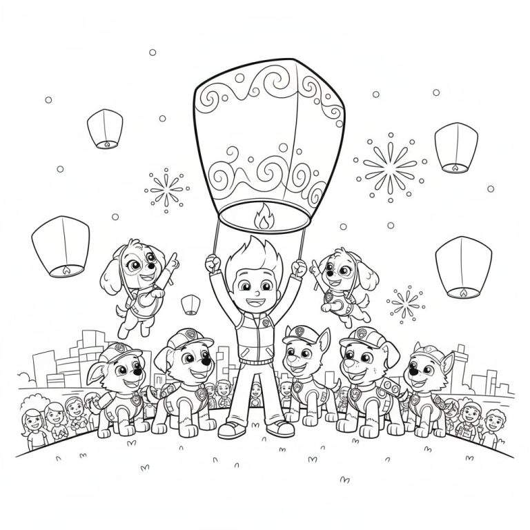 Kleurplaat van Paw Patrol lampionnenfeest met Ryder die een grote lampion vasthoudt en vrolijke pups, sterren en een stadssilhouet op de achtergrond.