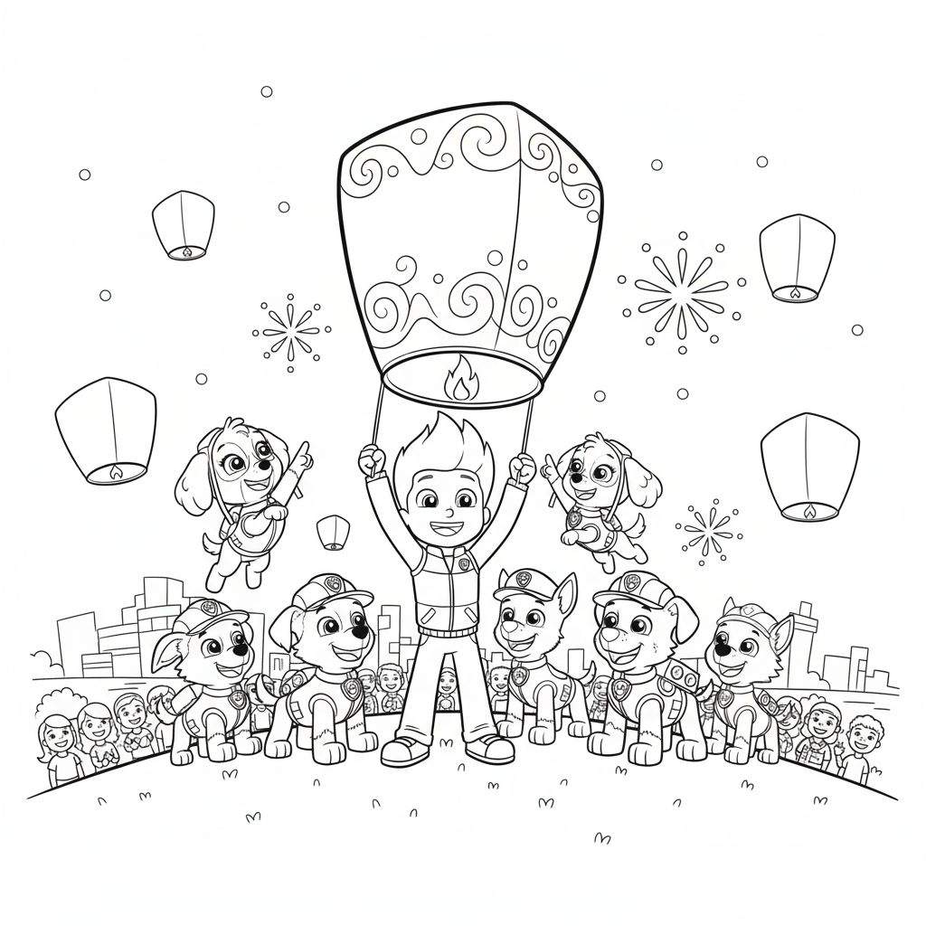 Kleurplaat van Paw Patrol lampionnenfeest met Ryder die een grote lampion vasthoudt en vrolijke pups, sterren en een stadssilhouet op de achtergrond.