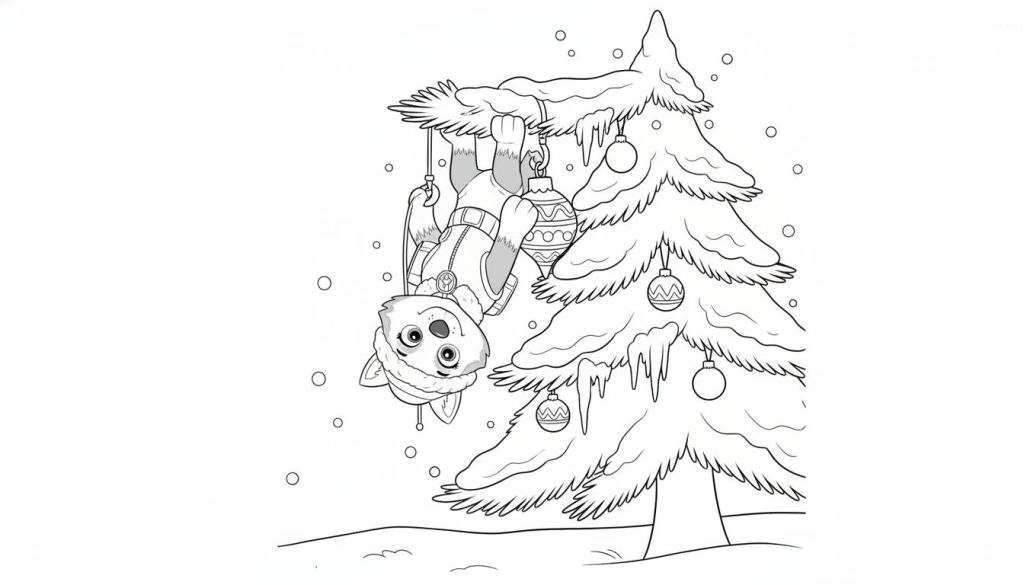 Zwart-wit kleurplaat van een husky met wintermuts die ondersteboven in een besneeuwde kerstboom hangt en een kerstbal vasthoudt, met sneeuwvlokken op de achtergrond.