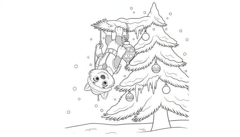 Zwart-wit kleurplaat van een husky met wintermuts die ondersteboven in een besneeuwde kerstboom hangt en een kerstbal vasthoudt, met sneeuwvlokken op de achtergrond.