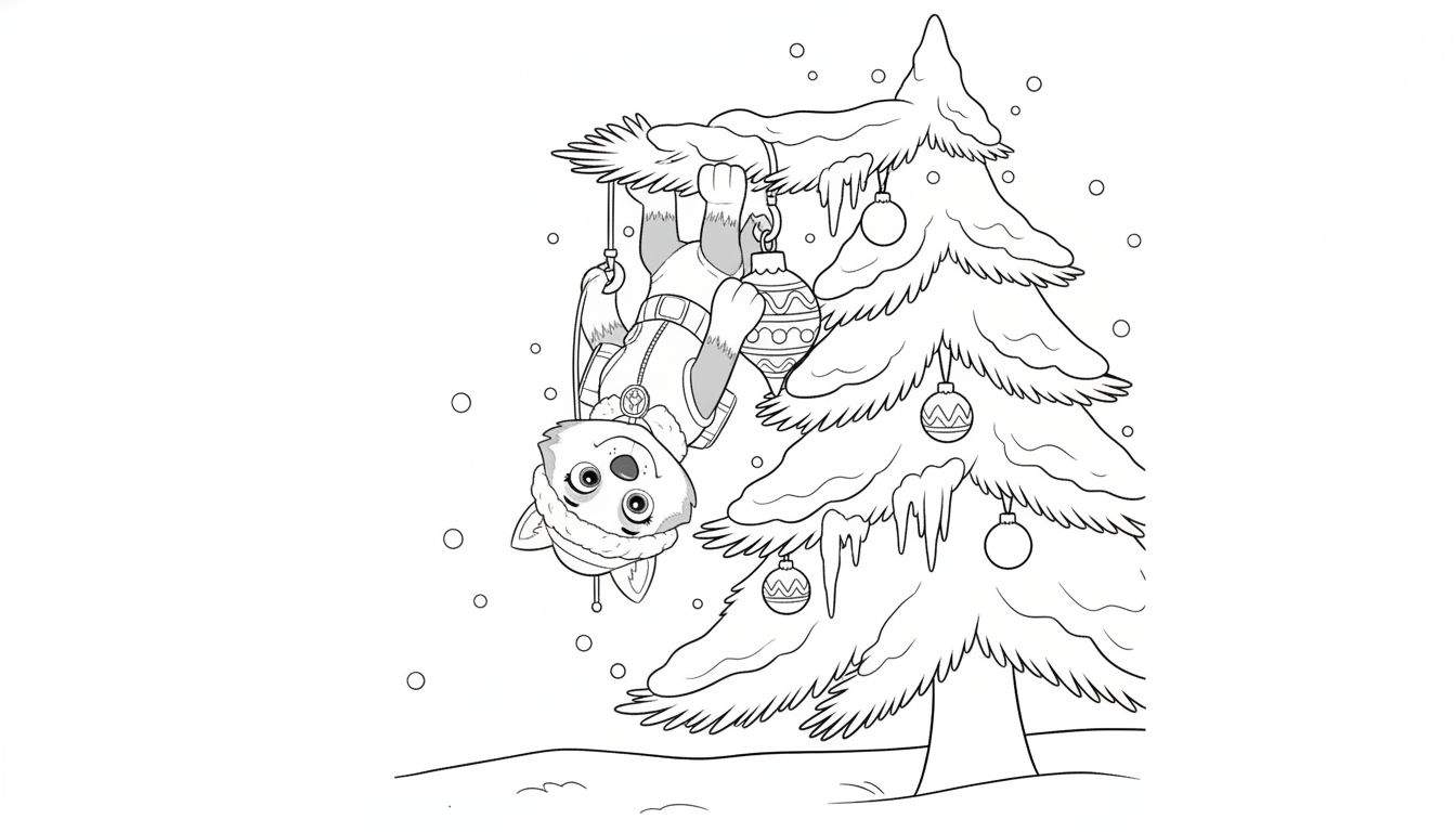 Zwart-wit kleurplaat van een husky met wintermuts die ondersteboven in een besneeuwde kerstboom hangt en een kerstbal vasthoudt, met sneeuwvlokken op de achtergrond.