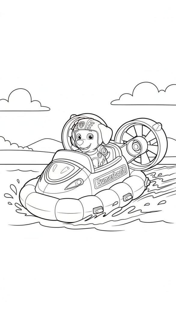 Kleurplaat van Zuma van Paw Patrol in een hovercraft ('Sumerboat') op water, met golven en bergen op de achtergrond. Zuma draagt een helm en glimlacht blij.