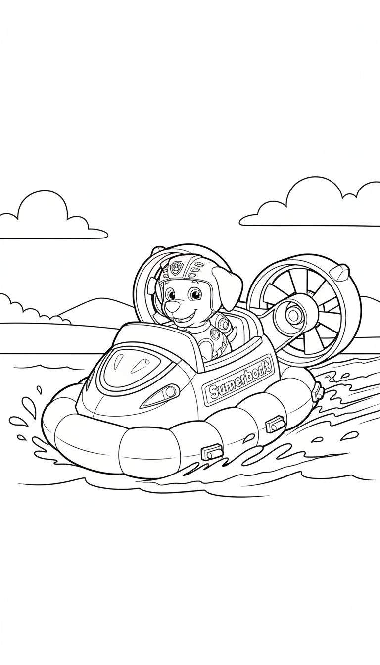 Kleurplaat van Zuma van Paw Patrol in een hovercraft ('Sumerboat') op water, met golven en bergen op de achtergrond. Zuma draagt een helm en glimlacht blij.