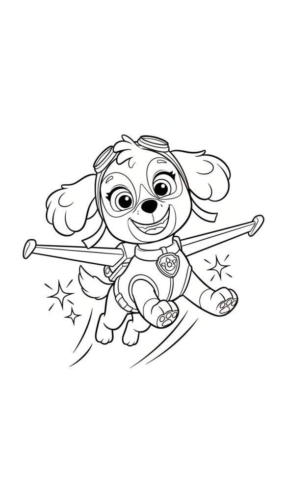 Kleurplaat van vliegende Skye van Paw Patrol met vliegbril en vliegpak, lachend, omringd door sterretjes en bewegingslijnen.