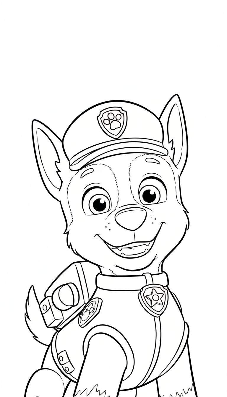 Zwart-wit kleurplaat van Chase van Paw Patrol, een vrolijke politiehond in uniform met politiepet en insignes.