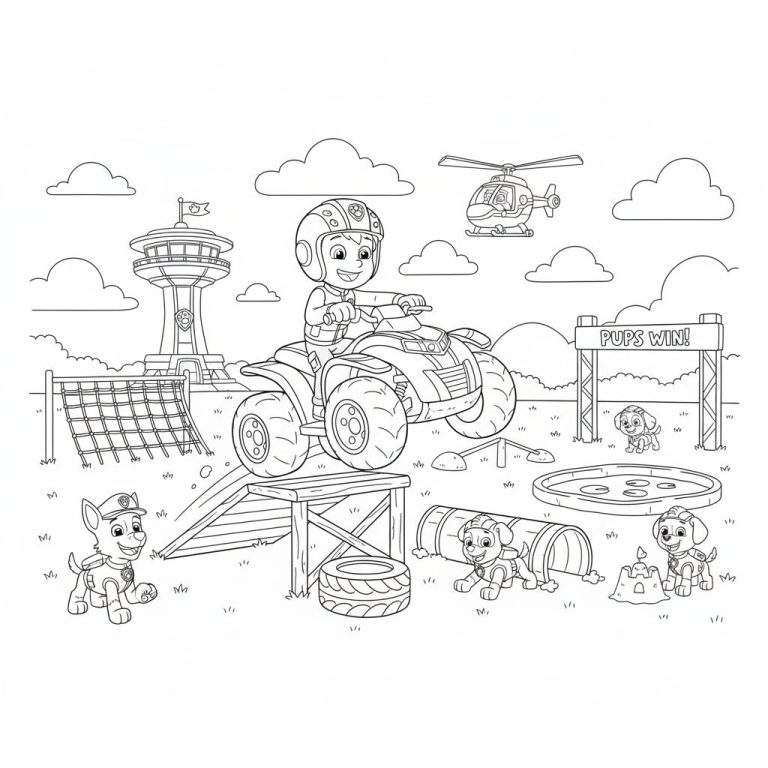 Kleurplaat van Paw Patrol met Ryder op zijn quad op een helling, omringd door pups die een trainingsparcours afleggen. Chase staat bij een klimnet, Rubble kruipt door een tunnel, en er is een finishboog en de Paw Patrol uitkijktoren te zien.
