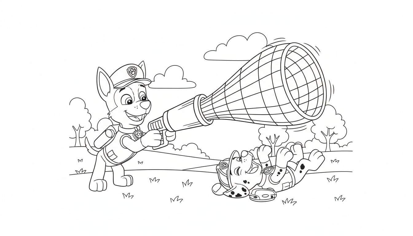 Kleurplaat van Paw Patrol Chase die met netkanon Marshall vangt in een vrolijke buitenomgeving met gras en bomen.