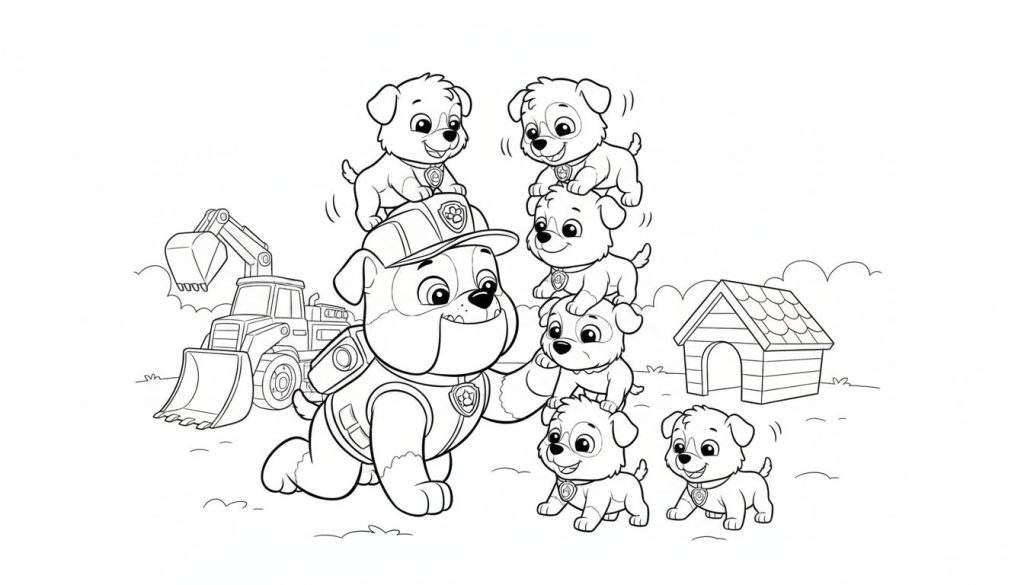 Zwart-wit kleurplaat van Rubble uit Paw Patrol, een bulldog met bouwvakkershelm, balancerend een puppy op zijn hoofd. Rechts een toren van vijf vrolijke puppy's. Op de achtergrond een graafmachine en een hondenhok in een buitenomgeving.