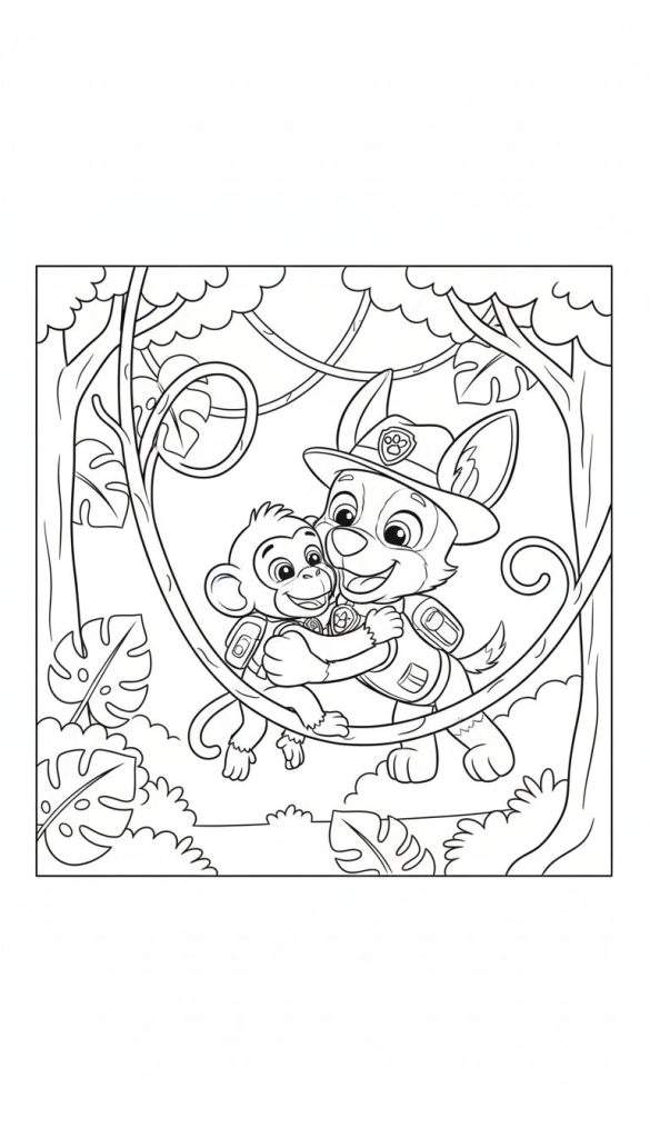 Kleurplaat van een hond met safarihoed en een aap met rugzakje die elkaar knuffelen in een jungle, vol vriendschap en avontuur.