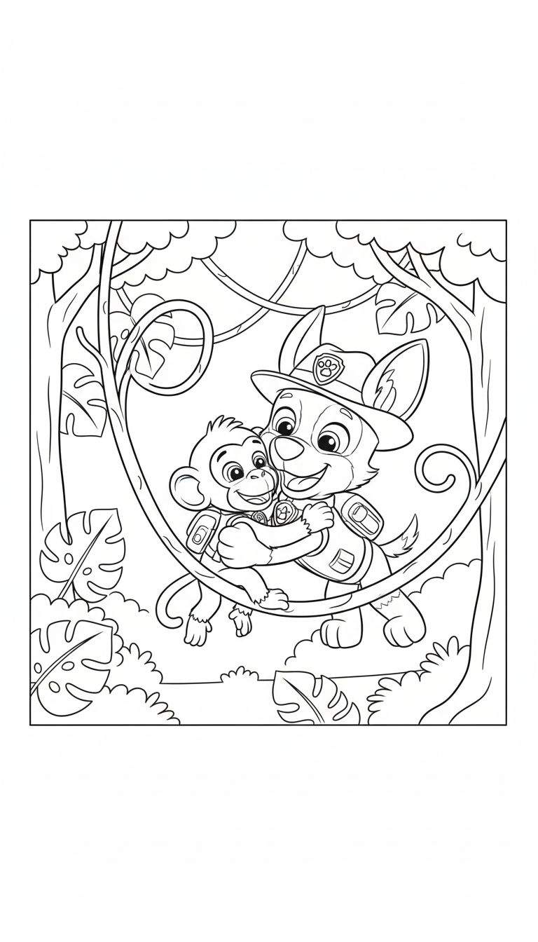 Kleurplaat van een hond met safarihoed en een aap met rugzakje die elkaar knuffelen in een jungle, vol vriendschap en avontuur.