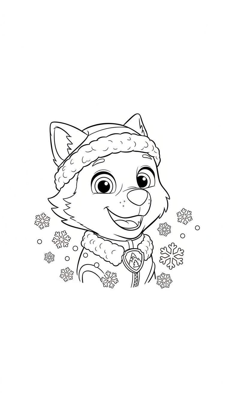 Kleurplaat van Everest de Paw Patrol pup in winterkleding met muts, kraag en sneeuwvlokken, breed lachend.