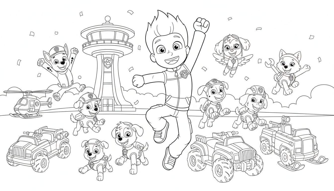 Paw Patrol kleurplaat met Ryder en alle pups (Chase, Skye, Rubble, Marshall, Rocky, Zuma, Everest/Tracker) in actie, voor de Lookout, met voertuigen en confetti.