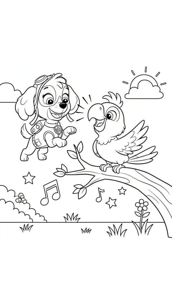 Kleurplaat van Skye (Paw Patrol) met pilotenbril en een zingende papegaai op een boomtak, omringd door muzieknoten, sterren en natuur.