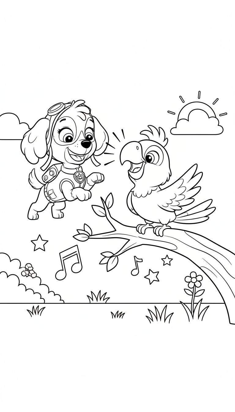 Kleurplaat van Skye (Paw Patrol) met pilotenbril en een zingende papegaai op een boomtak, omringd door muzieknoten, sterren en natuur.