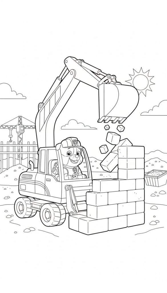 Kleurplaat van Rubble van Paw Patrol in een graafmachine, bouwblokken latend vallen op een bouwplaats onder de zon.
