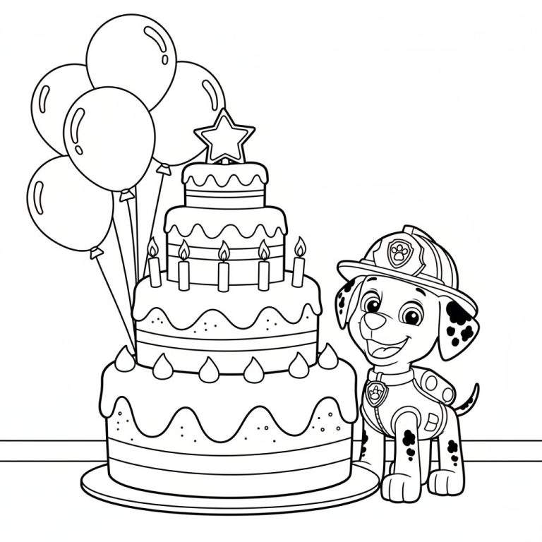 Kleurplaat van een lachende Marshall de dalmatiër (Paw Patrol) in brandweeruniform, naast een drielaagse verjaardagstaart met vijf kaarsjes en een ster, met ballonnen erboven.