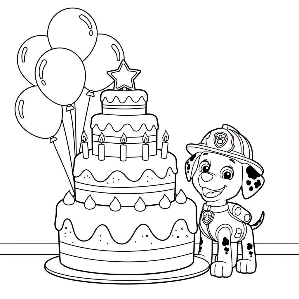 Kleurplaat van een lachende Marshall de dalmatiër (Paw Patrol) in brandweeruniform, naast een drielaagse verjaardagstaart met vijf kaarsjes en een ster, met ballonnen erboven.