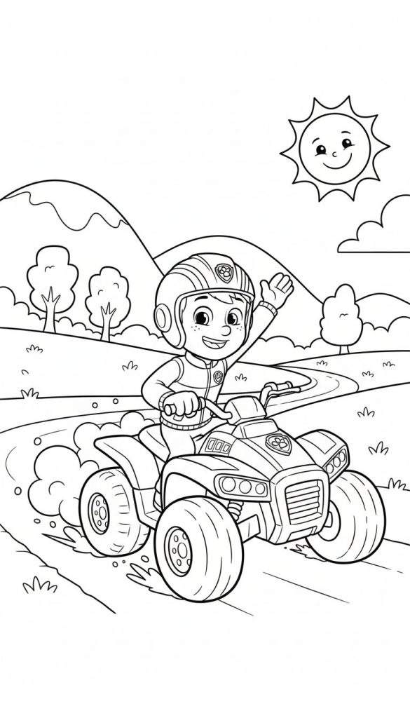 Zwart-wit kleurplaat van Ryder van Paw Patrol op een quad, lachend en zwaaiend. Op de achtergrond heuvels, bomen en een lachende zon.