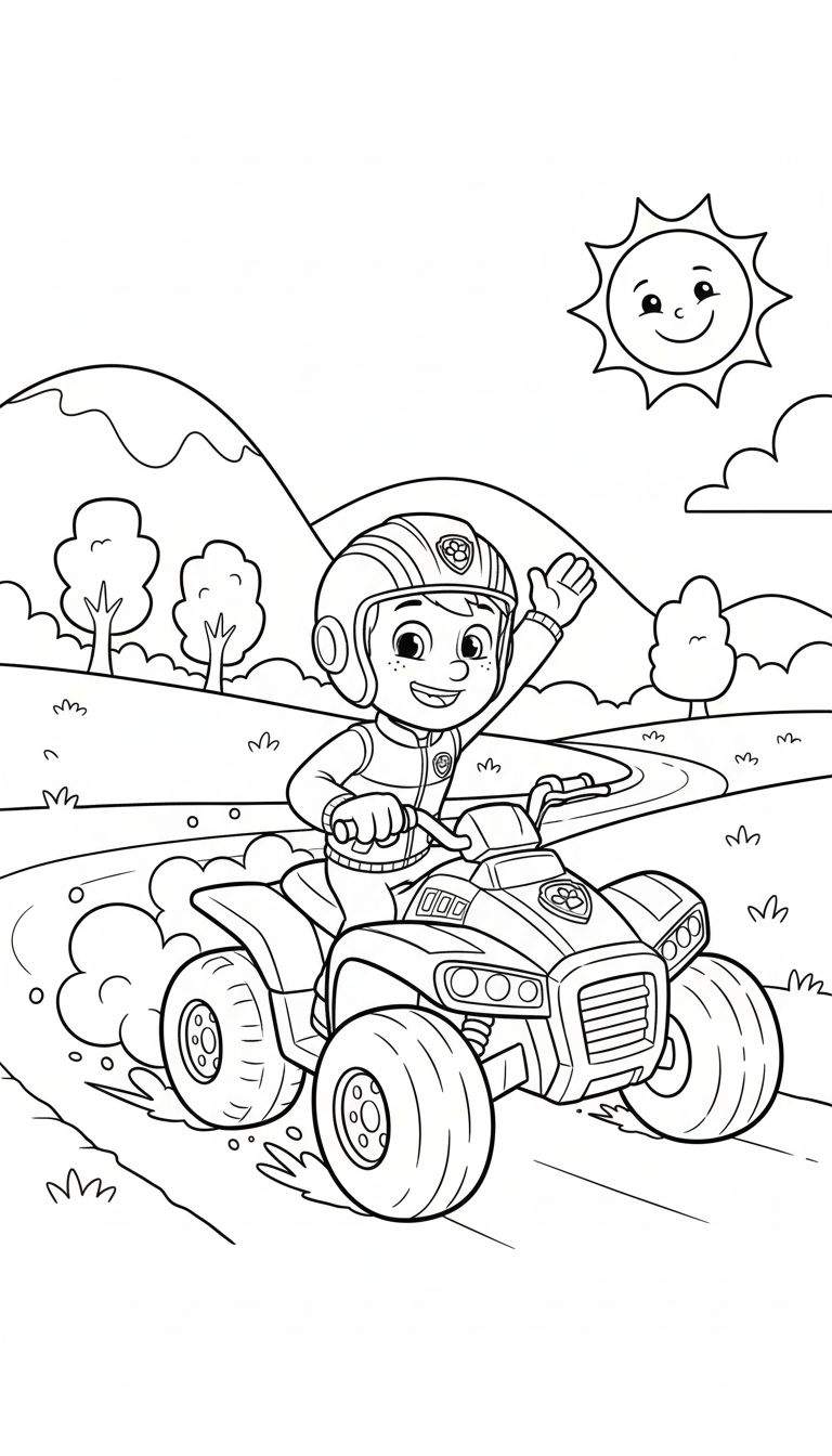 Zwart-wit kleurplaat van Ryder van Paw Patrol op een quad, lachend en zwaaiend. Op de achtergrond heuvels, bomen en een lachende zon.