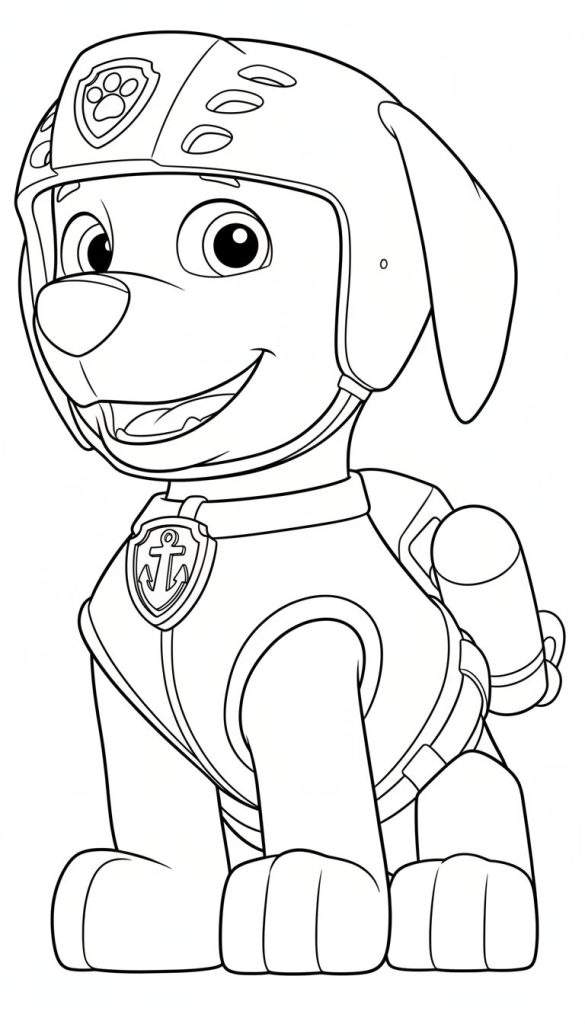 Zwart-wit kleurplaat van een vrolijke, lachende puppy in Paw Patrol-stijl (lijkt op Zuma), met speciale helm met pootafdruk en uniform met anker-embleem op zijn borst.