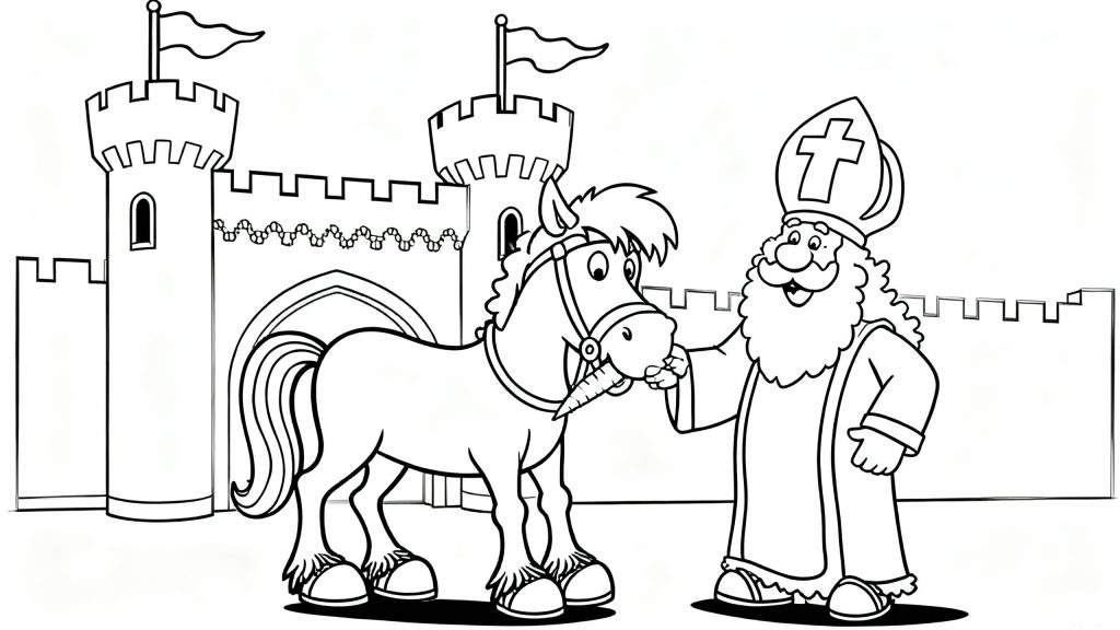 Zwart-wit kleurplaat van Sinterklaas in traditionele kledij die een wortel geeft aan zijn vriendelijke paard met bevederde hoeven, voor een kasteel met torens en vlaggen.